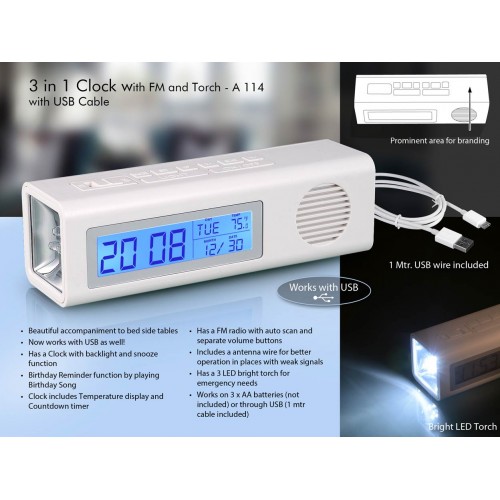 3 IN 1 CLOCK WITH FM AND TORCH WITH DUAL POWER OPTION (WITH USB WIRE)