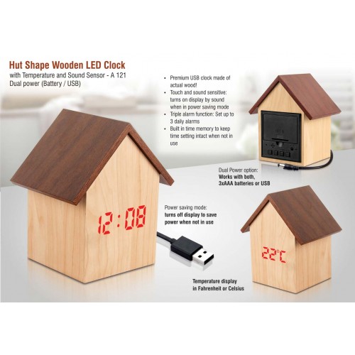 HUT SHAPE WOODEN LED CLOCK WITH TEMPERATURE AND SOUND SENSOR | DUAL POWER (BATTERY / USB)
