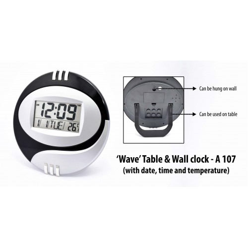 WAVE' TABLE & WALL CLOCK (WITH DATE,TIME AND TEMPERATURE)