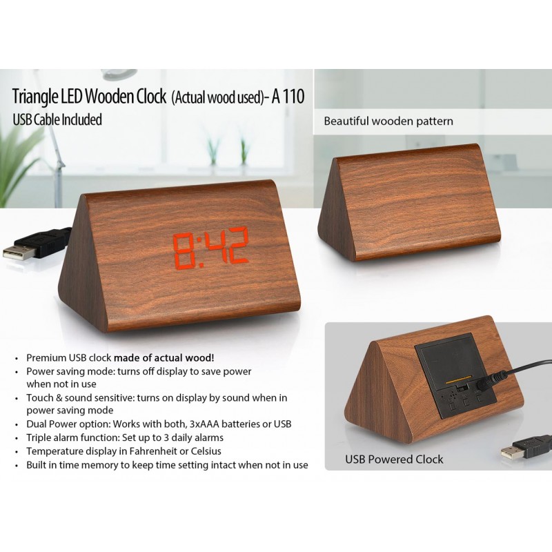 TRIANGLE LED WOODEN CLOCK (ACTUAL WOOD USED) (USB ...