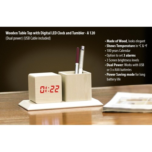 WOODEN TABLETOP WITH DIGITAL LED CLOCK AND TUMBLER (DUAL POWER) (USB CABLE INCLUDED)