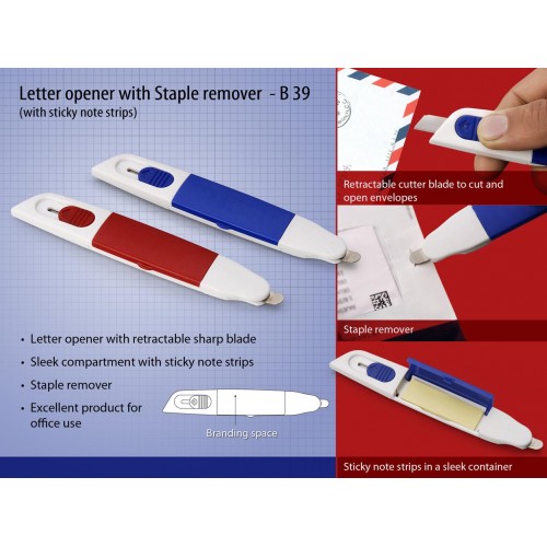 LETTER OPENER WITH STAPLE REMOVER AND STICKY NOTE STRIPS