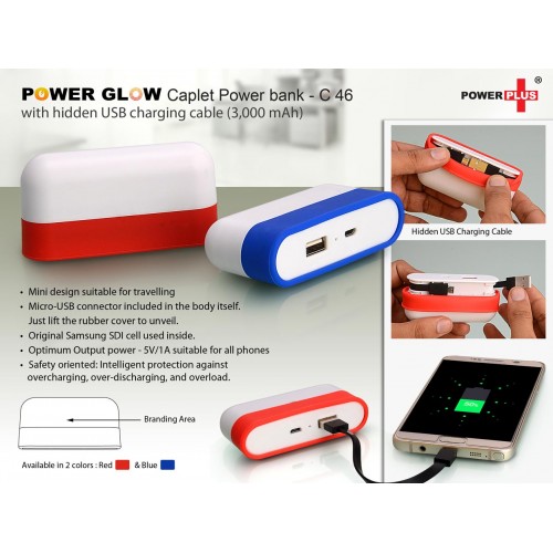 POWER GLOW CAPLET POWER BANK WITH HIDDEN USB CHARGING CABLE (3,000 MAH)
