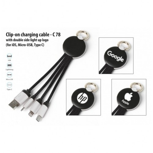 CLIP-ON CHARGING CABLE WITH DOUBLE SIDE LIGHT UP LOGO (IOS, MICRO-USB, TYPE C)