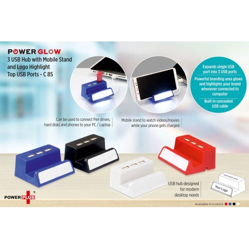  POWERGLOW 3 USB HUB WITH MOBILE STAND AND LOGO HIGHLIGHT (TOP USB)