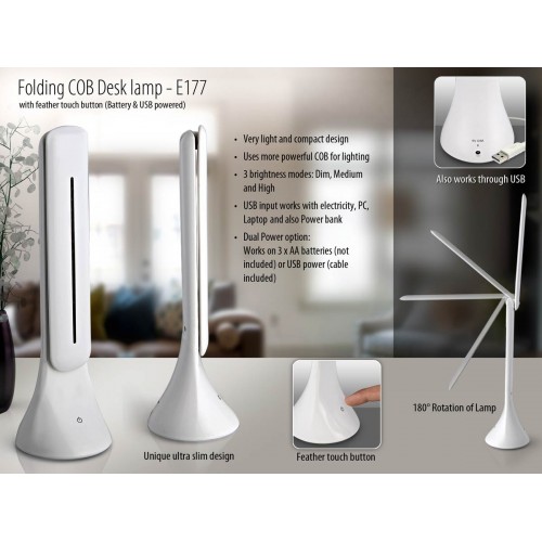 FOLDING COB DESK LAMP WITH FEATHER TOUCH BUTTON (BATTERY & USB POWERED)