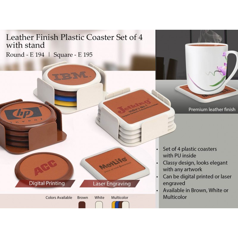  LEATHER FINISH PLASTIC COASTER SET OF 4 WITH STAN...