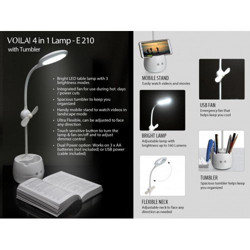 VOILA: 4 IN 1 TUMBLER WITH LED LAMP, TABLE FAN AND MOBILE STAND (DUAL POWER) (USB CABLE INCLUDED)
