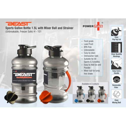 BEAST SPORTS GALLON BOTTLE 1.5 L WITH MIXER BALL AND STRAINER (UNBREAKABLE, FREEZER SAFE)