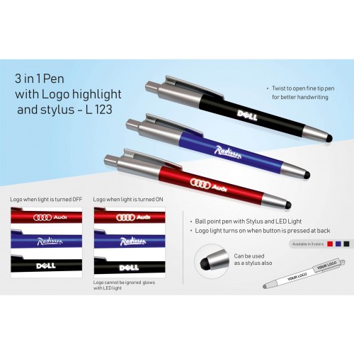  3 IN 1 PEN WITH LOGO HIGHLIGHT AND STYLUS