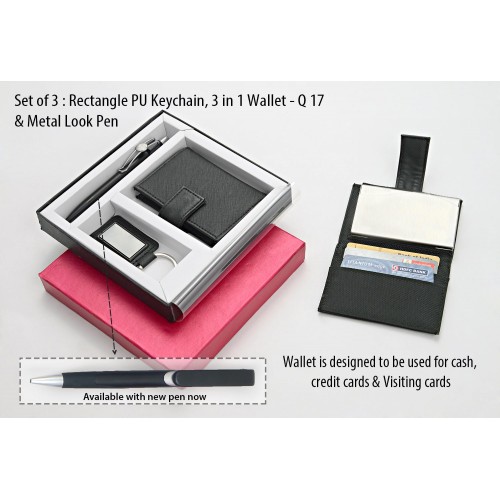  RECTANGLE PU KEYCHAIN (J70), 3 IN 1 WALLET (FOR CASH, CARDS AND VISITING CARDS) & HIGHWAY SATIN PEN (L131)