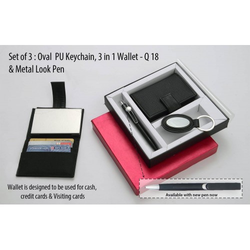 OVAL PU KEYCHAIN (J69), 3 IN 1 WALLET (FOR CASH, CARDS AND VISITING CARDS) & HIGHWAY SATIN PEN (L131)