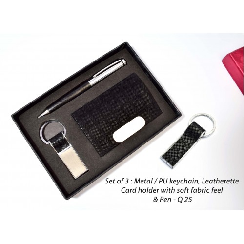 SET OF 3 :- METAL /PU KEY CHAIN, LEATHERETTE CARD HOLDER WITH SOFT FABRIC FEEL & PEN
