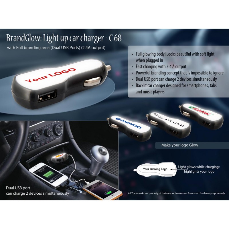 BRANDGLOW: LIGHT UP CAR CHARGER WITH FULL BRANDING...