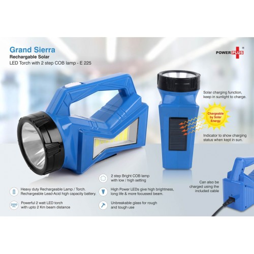 GRAND SIERRA RECHARGABLE SOLAR LED TORCH WITH 2 STEP COB LAMP