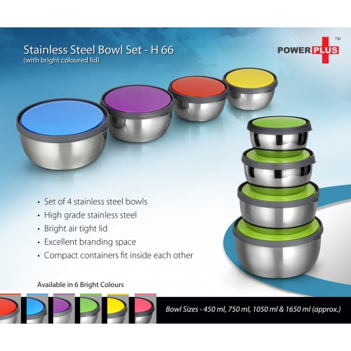  STAINLESS STEEL BOWL SET (SET OF 4) (WITH BRIGHT COLORED LIDS)