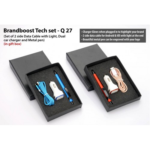 BRANDBOOST TECH SET: SET OF 2 SIDE DATA CABLE WITH LIGHT (C49), DUAL CAR CHARGER (C09) AND METAL PEN (L114)