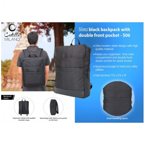 SLIMZ BLACK BACKPACK WITH DOUBLE FRONT POCKET BY CASTILLO MILANO