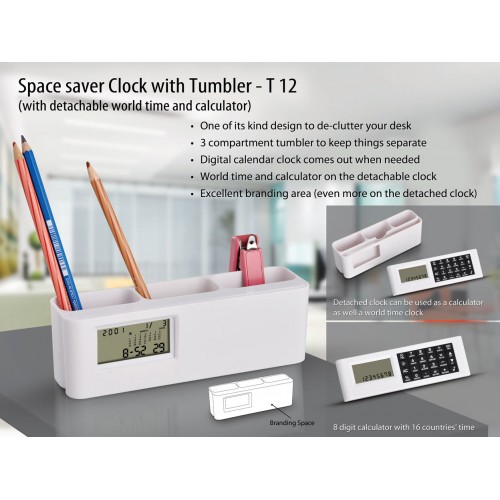 SPACE SAVER CLOCK WITH TUMBLER (WITH DETACHABLE WORLD TIME CALCULATOR)